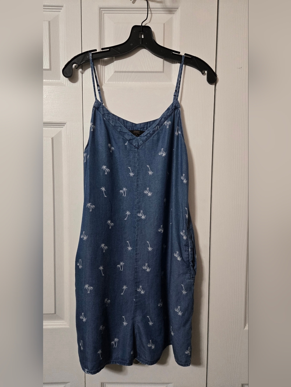 Blue Chambray Denim Palm Trees Design Romper w/Pockets, Small, Adjustable Straps